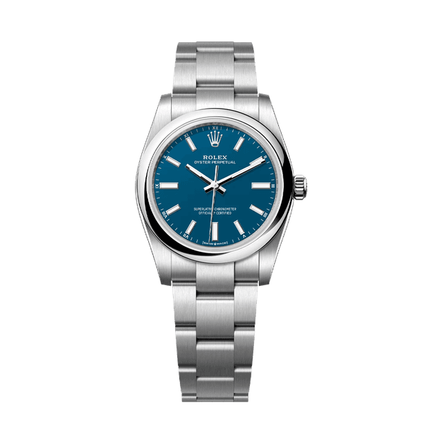 Oyster Perpetual 34mm, Steel, Blue Tab dial, Domed bezel, Oyster Bracelet