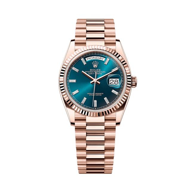 Daydate 36mm, RG, Blue Green 10bg dial, President Bracelet