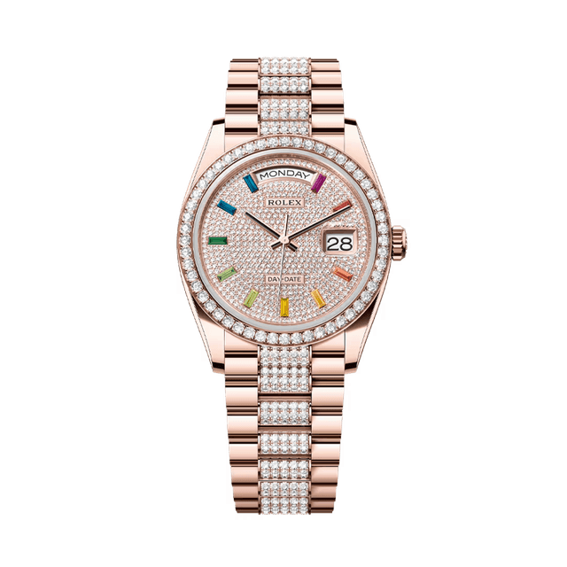 Daydate 36mm, RG, Pave Diam Rainbow 10bq dial, Diamond bezel, President Diamond Bracelet