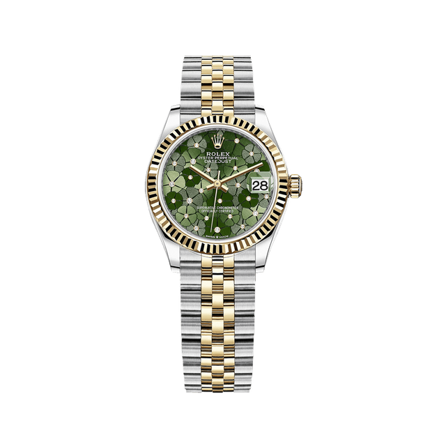 Datejust 31mm, st/yg, Olive Floral set Diam dial, Jubilee Bracelet