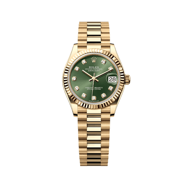 Datejust 31mm, YG, Olive 10rd dial, President Bracelet