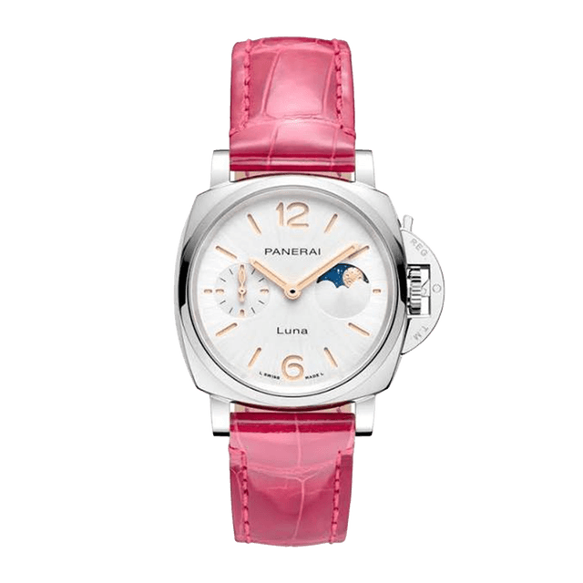 LUMINOR DUE LUNA 38 MOONPHASE STEEL PINK LEATHER