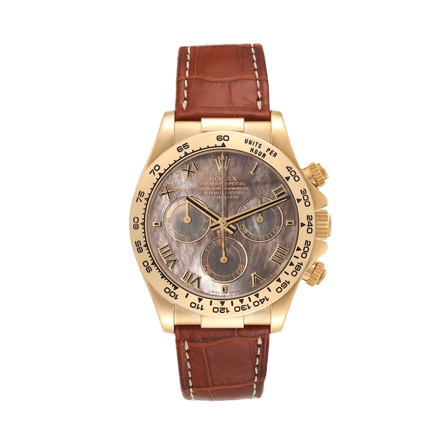 Daytona YG, Black MOP Roman dial, Brown Leather Strap