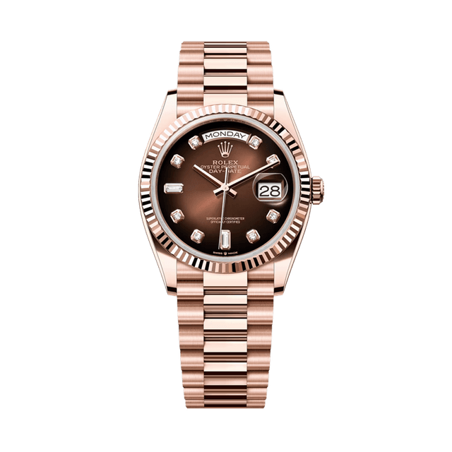 Daydate 36mm, RG, Choco Ombre 8rd2bg dial, President Bracelet