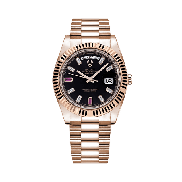 Daydate II 41mm, RG, Black 8rd 2rbg dial, President Bracelet