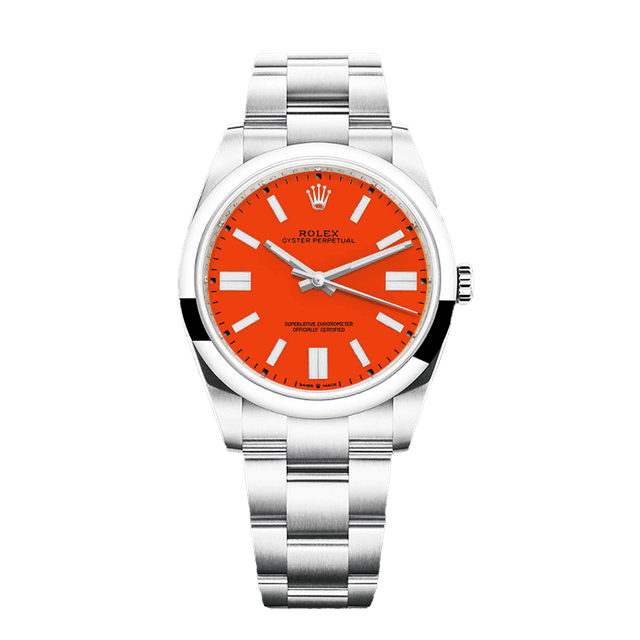 Oyster Perpetual 41mm, Steel, Coral Red Tab dial, Domed bezel, Oyster Bracelet