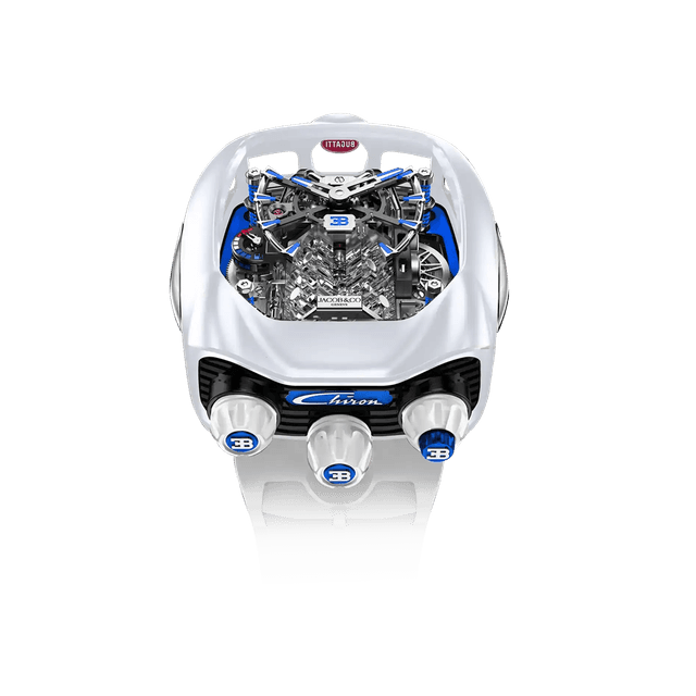 Bugatti Chiron Tourbie W16 Engine 44mm, Ti/White Ceramic, Skeleotinez Blue Index Dial, white Rubber Strap