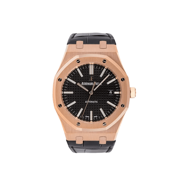 Royal Oak 41mm, RG, Black dial, Black Leather Strap