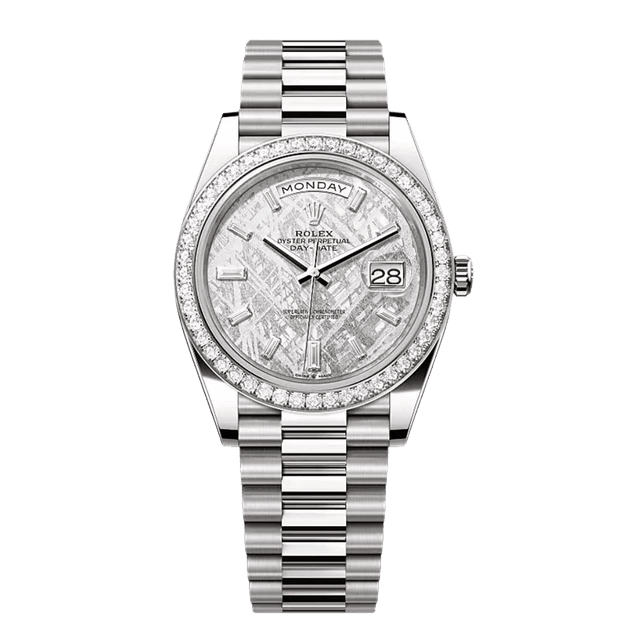 Daydate 40mm, WG, Meteorite 10bq diam dial, Diamond bezel,  President Bracelet