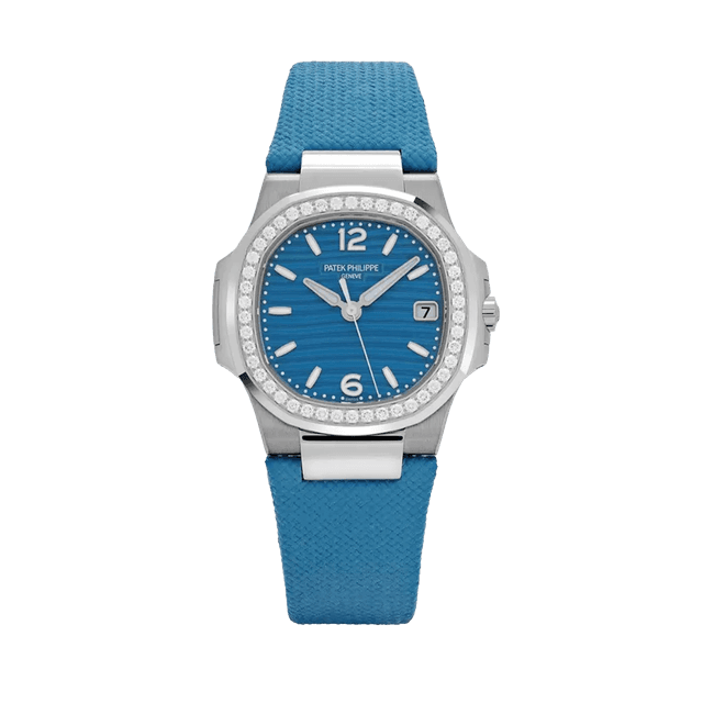 Nautilus Lady WG, 32mm, Blue Wave  Dial, Diamond Bezel, Blue Rubber Strap