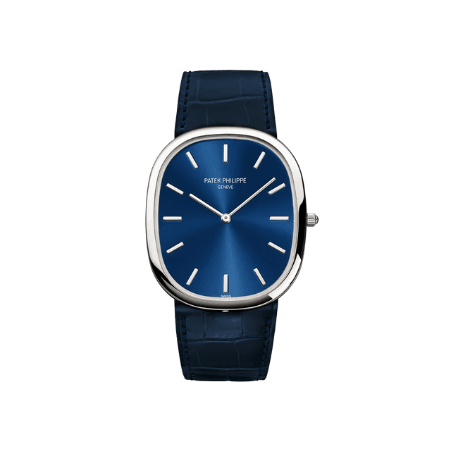 Golden Ellipse Auto 34.5 x 39.5, Platinum, Sunburst Blue Dial, Blue Croco Strap