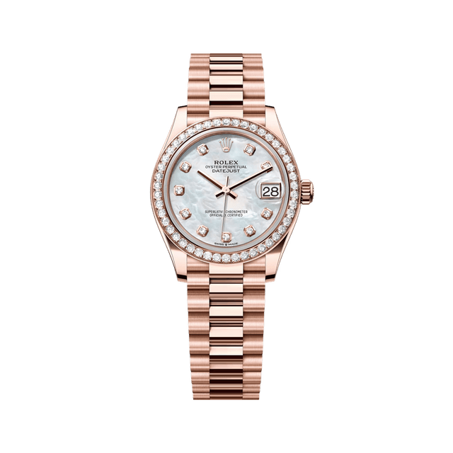 Datejust 31mm, RG, White MOP 10rd dial, Diamond Bezel, President Bracelet