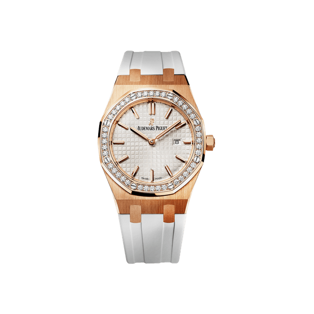 Royal Oak Lady Quartz 33mm, RG, Silver dial, Diamond Bezel, White Strap
