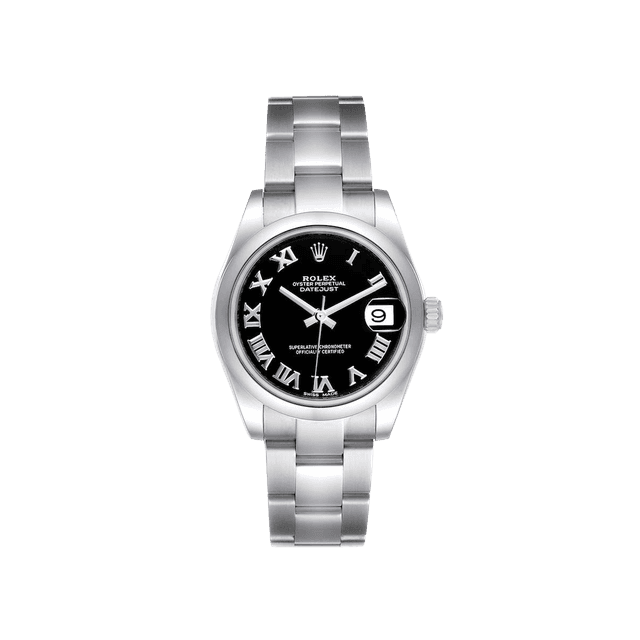 Datejust 31mm, Steel, Domed bezel, Black tab dial, Oyster Bracelet