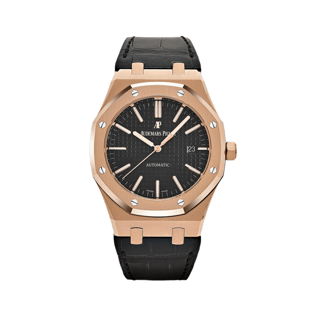 Royal Oak 41mm, RG, Black dial, Black Leather Strap