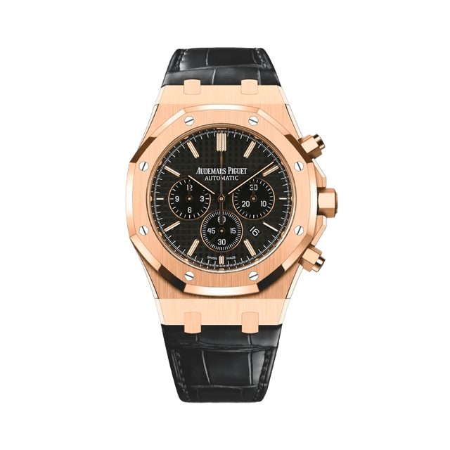 Royal Oak Chronograph 41mm, RG, Black dial, Black Leather Strap