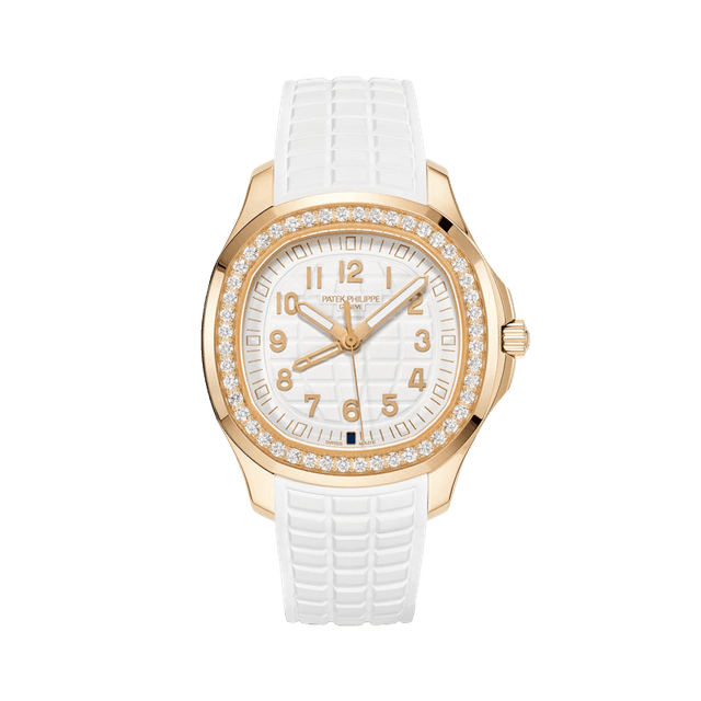 Aquanaut Lady 38.8mm, RG, Quartz Dualtime, White dial, Diamond bezel, White rubber