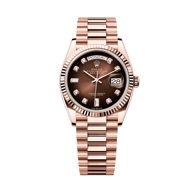 Daydate 36mm, RG, Choco Ombre 8rd2bg dial, President Bracelet