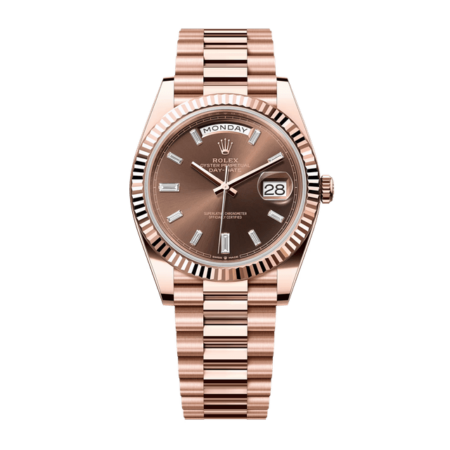 Daydate 40mm, RG, Choco 10Bq dial, President Bracelet