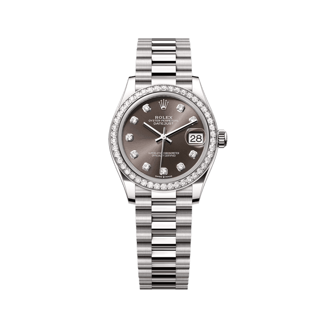 Datejust 31mm, WG, Dark Grey 10rd dial, Diamond Bezel, President Bracelet