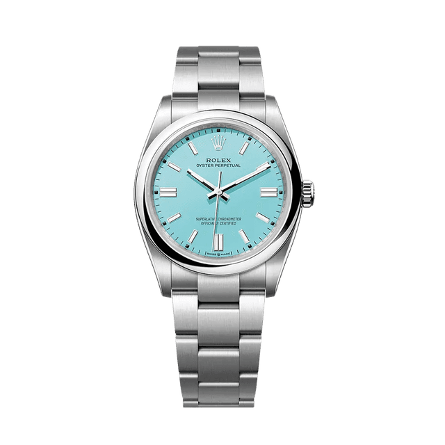 Oyster Perpetual 36mm, Steel, Turquoise Blue Tab dial, Domed bezel, Oyster Bracelet