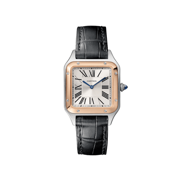 Santos Dumont Small Model 27.5mm Quartz, Steel/RG, Silver dial, Black Croco Strap