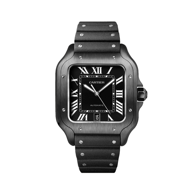 Santos de Cartier Large Model 39.8mm, ADLC Steel, Black dial, Black Rubber Strap