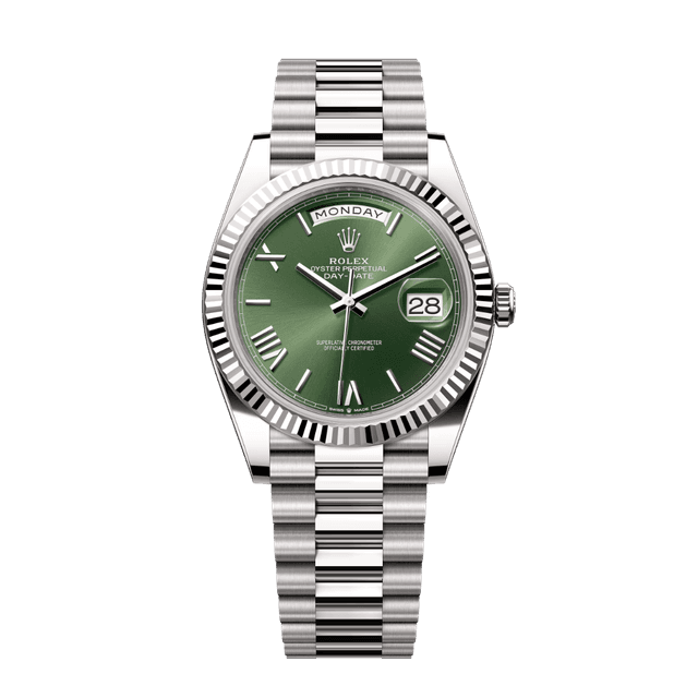 Daydate 40mm, WG, Olive Roman dial, President Bracelet