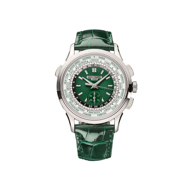 Complications Worldtime Flyback Chronograph 39.5mm, Platinum, Green Opaline dial, Green Alligator Strap