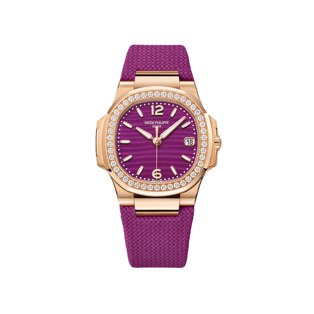 Nautilus Lady RG, 32mm, Purple Wave Dial, Diamond Bezel, Purple Rubber Strap