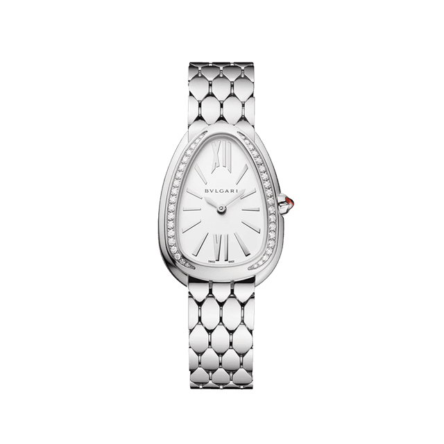 Serpenti Seduttori Watch 34mm, Steel, Diamond 36 bezel, White Silver Opaline dial, Bracelet