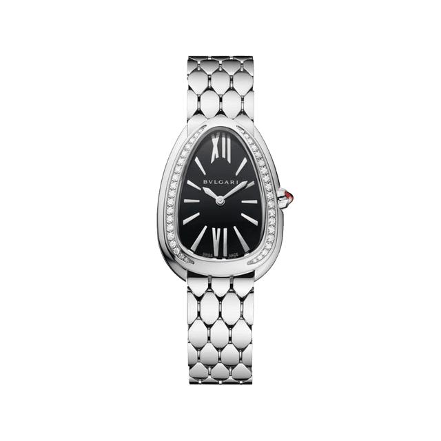 Serpenti Seduttori Watch 34mm, Steel, Diamond 36 bezel, Black Lacquered dial, Bracelet