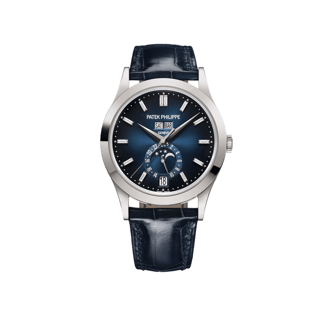 Complications Annual Calendar Moon Phases, WG, Blue dial, Blue Leather Strap
