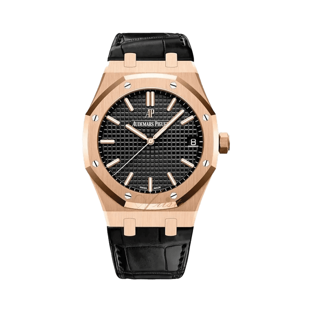 Royal Oak 41mm, RG, Black dial, Black Leather Strap