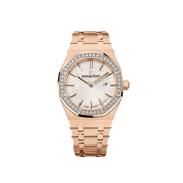 Royal Oak 34mm, RG, Silver dial, Diamond bezel, Bracelet