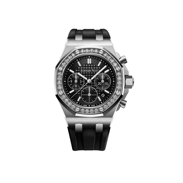 Royal Oak Offshore Lady Chrono 37mm, Steel, Bezel diamond, Black dial, Black rubber