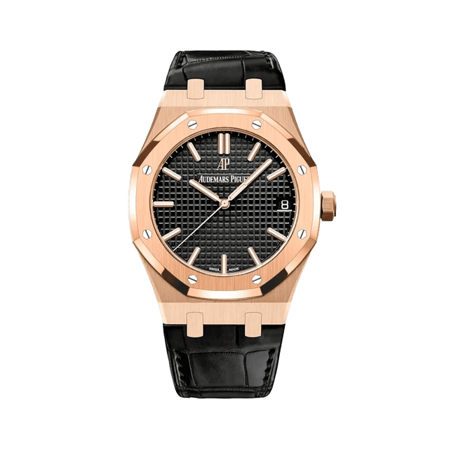 Royal Oak 41mm, RG, Black dial, Black Leather Strap
