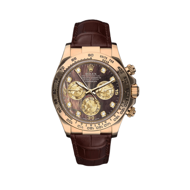 Daytona YG, Black MOP/Gold Crystal 8rd dial, Brown Leather Strap