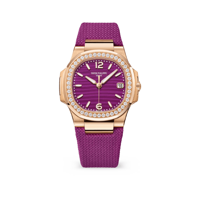 Nautilus Lady RG, 32mm, Purple Wave Dial, Diamond Bezel, Purple Rubber Strap