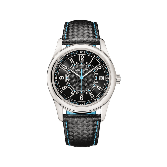 Calatrava Automatic 40mm, WG, Ebony Balck/Bue dial, Black Carbon Motif Calfskin Blue Stitch strap