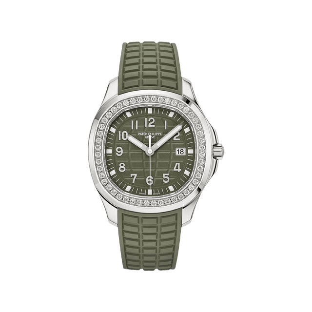 Aquanaut Lady 38.8mm, Steel, Quartz, Khaki Green dial, Diamond bezel, Khaki Green rubber
