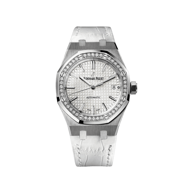 Royal Oak 37mm, Steel, Silver dial, Diamond bezel, White Leather