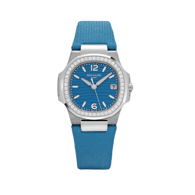 Nautilus Lady WG, 32mm, Blue Wave Dial, Diamond Bezel, Blue Rubber Strap