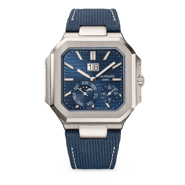 Cubitus Grande Date-day Platinum, Sunburst Blue Dial, Blue Fabric Strap