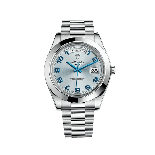 Daydate II 41mm, PT, Ice Blue Arabic dial, President Brac