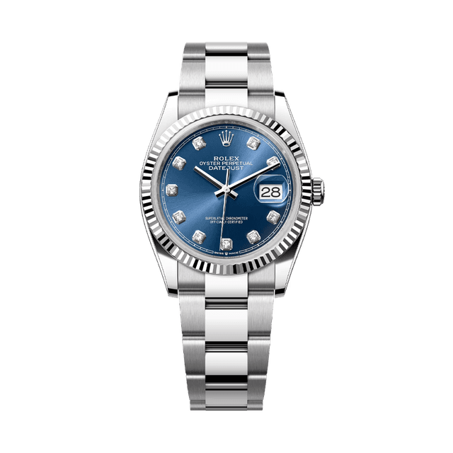Datejust 36mm, st/wg, Blue 10rd dial, Oyster Bracelet
